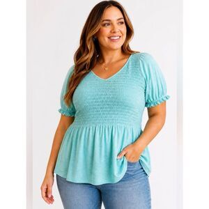 Torrid Cotton Modal Slub Smocked Short Sleeve Babydoll - Canal Blue